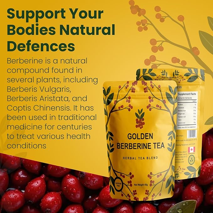 Berberine Tea 45g Natural Organic Caffeine-Free Blend Non-GMO Herbal in Plastic-Free Stand Alone Pouch Delicious Antioxidant for Immune Support