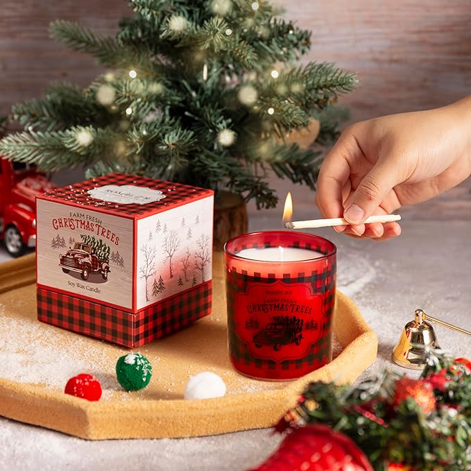 ROMIIE ZOI Christmas Scented Candle - 6oz Soy Wax Candle, Buffalo Plaid, Infused with Festive Holly Aroma - Red & Black Tartan Gift Box Packaged for Christmas Holiday Season Gift