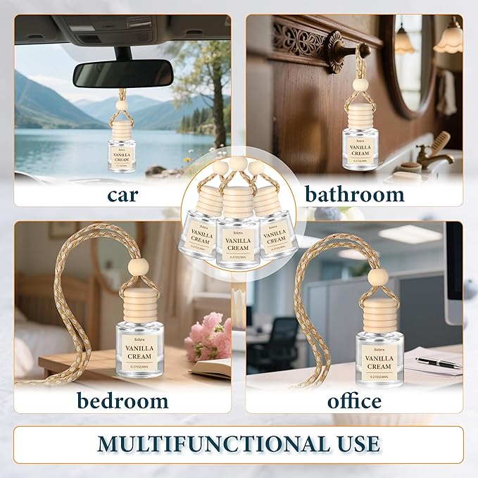 Hanging Car Air Freshener (Pack of 3) : Luxury Car Perfume for Women Men | Cute & Reusable Bottle with 45+ Days Long-Lasting Fragrance Oil Diffuser, Vanilla Cream