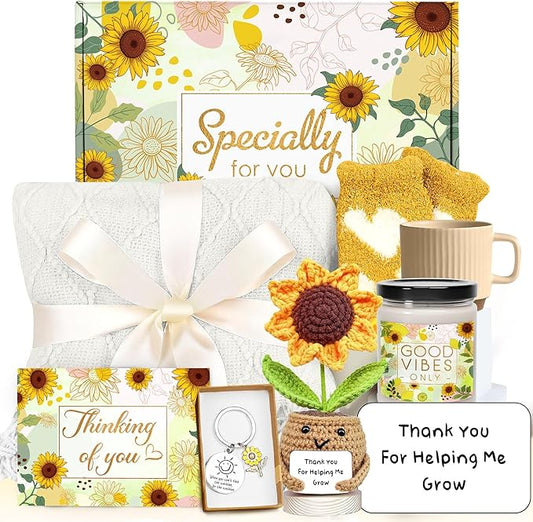 Gossby Gift Basket for Women - Thank You Gift Set for Teacher - Get Well Soon, Birthday, Thinking of You Sunflower Package - End of Year Idea for Teacher from Student - Thank You for Helping Me Grow