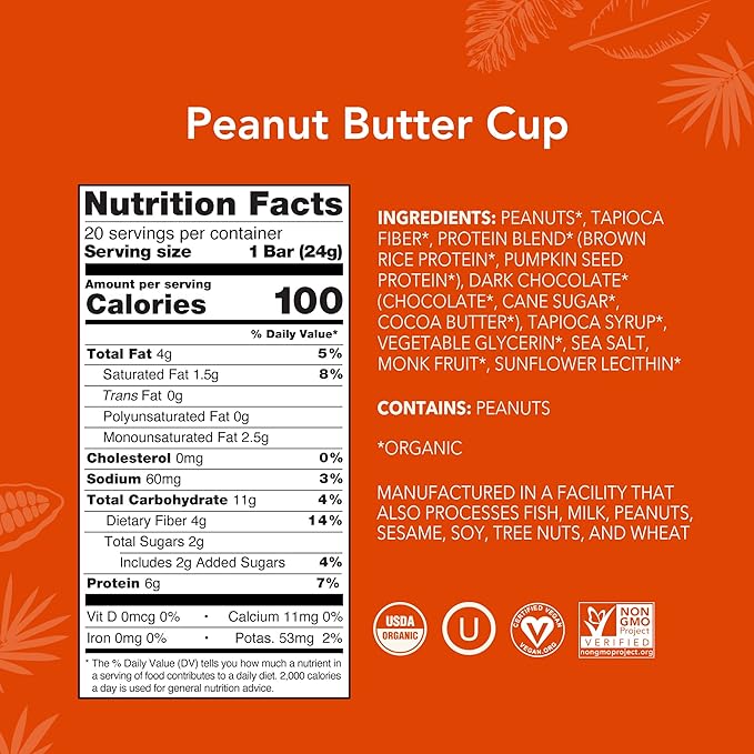 ALOHA Organic Plant Based Protein Bar MINIS |Peanut Butter Cup | 20 Count, 24g Bars | Vegan, Low Sugar, Gluten Free, Low Carb, Non-GMO, Stevia Free, Soy Free, No Sugar Alcohols