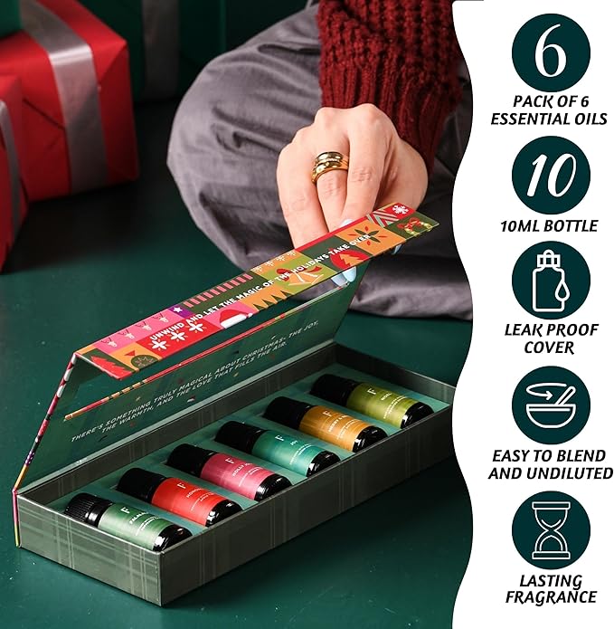 Folkulture Christmas Fragrance Oils for Diffuser as Gifts | Set of 6 Christmas Essential Oils Set for Diffusers for Home | Peppermint, Candy, Apple Tart, Cranberry, Vanilla (Christmas Magic)