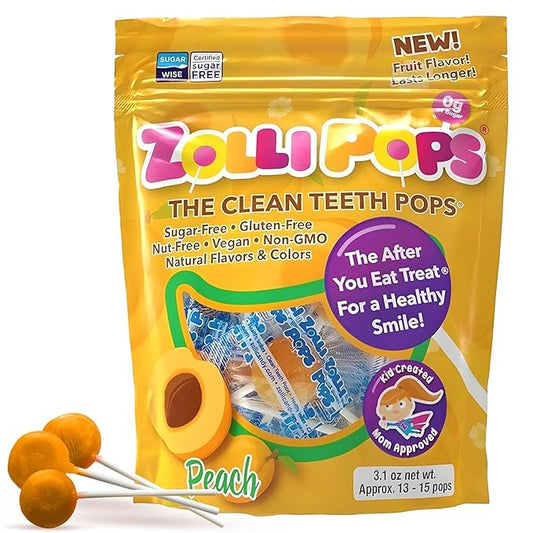 Zollipops Clean Teeth Pops Sugar Free Candy with Xylitol, Dye-Free Lollipops - Keto & Diabetic-Friendly, Dentist-Approved Treats for Kids (Peach, 3.1 oz)