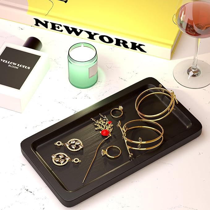 Black Bathroom Tray - Small Black Bamboo Wood Tray Decor for Vanity, Coffee Table, Cologne and Perfume Tray, Matte Black Bathroom Decor for Counter, Soap Dish, 9 inch