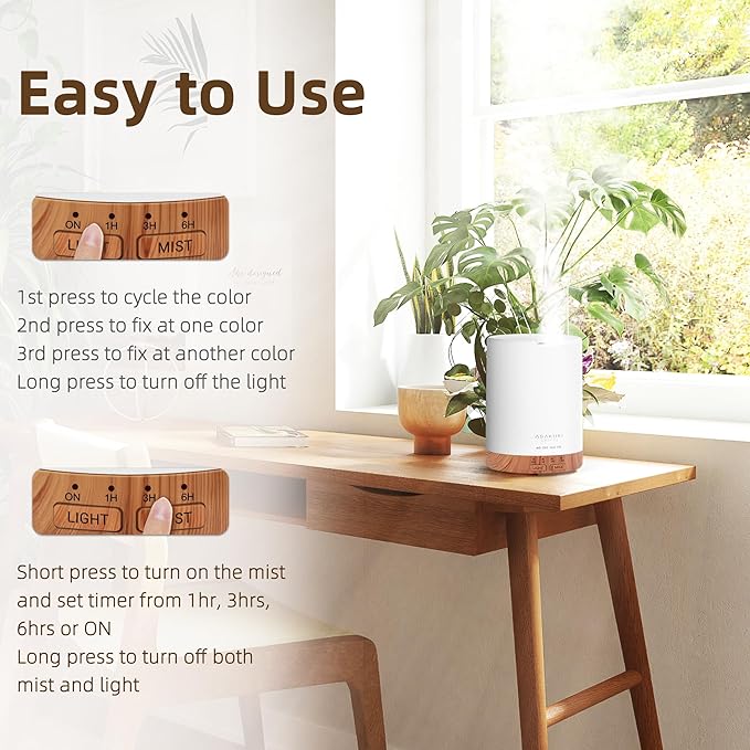ASAKUKI Essential Oil Diffuser, Aromatherapy Cool Mist Home Humidifier with 7 LED Color Changing Light and Auto-Off Safety Switch, 6 Essential Oils Set, 300ml (Brown with Oils)