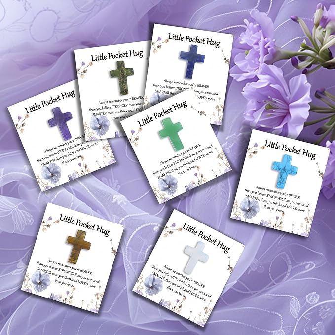 40 Sets Bulk Little Cross Worry Stones Pocket Hug Token Gift Card for Friends Funeral Favors Encouragement Gifts for Women Adults Party Favors