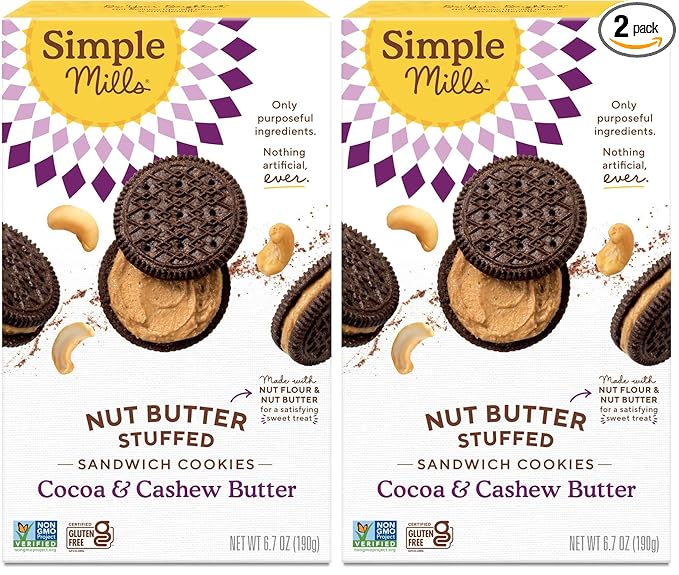 Simple Mills Cocoa Cashew Crème Sandwich Cookies - Gluten Free, Vegan, Healthy Snacks, 6.7 Ounce (Pack of 2)