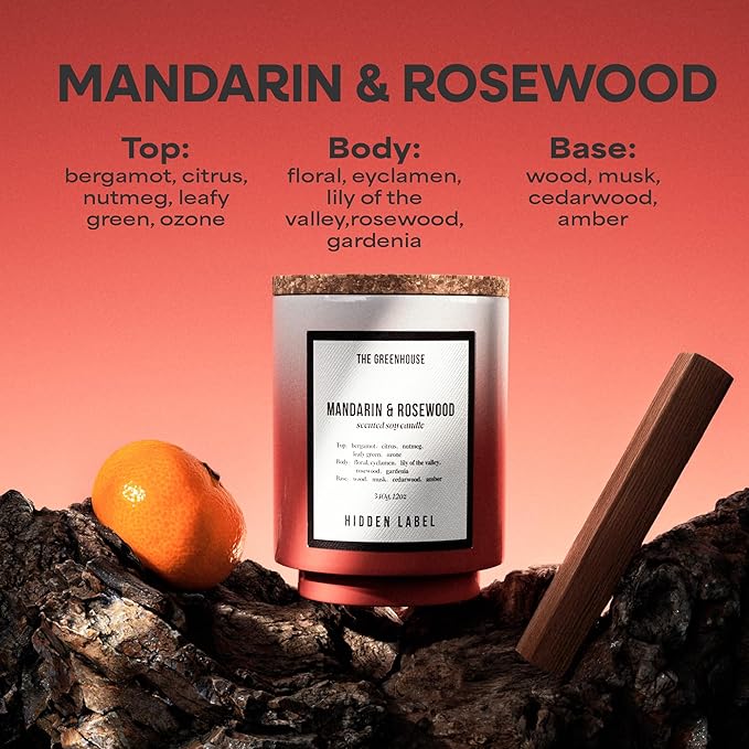 Hidden Label Mandarin & Rosewood Fall Candles, 12oz/75-Hour Burn Time, 100% Natural Soy Wax, Aromatherapy Candle for Stress Relief, Meditation, Yoga & Relaxation
