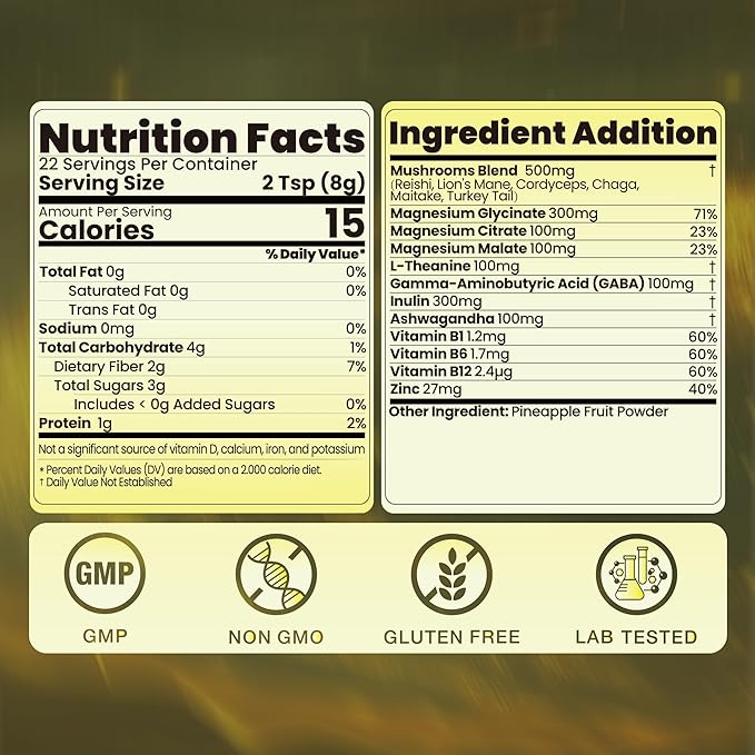 Calm Magnesium Powder, Ashwagandha, L-Theanine, GABA & 6 Mushrooms | Magnesium Glycinate Supplement for Relaxation & Calm Support | Non-GMO, Gluten-Free, Pineapple Flavor, 6.35oz