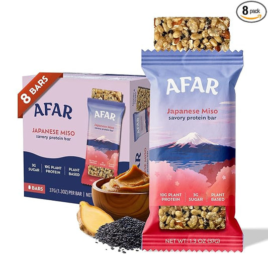 Afar Savory Protein Bars – Low Sugar, High Protein – Healthy Snacks for Adults – Meal Replacement Bar – Rice Crispy Texture – Vegan, Gluten Free (8 Bars, Japanese Miso)