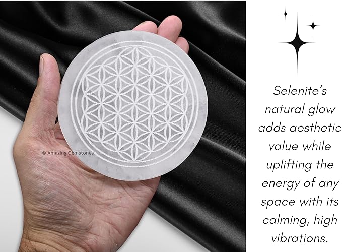 Amazing Gemstone Selenite Crystal Charging Plate For Crystals And Healing Stones, 3" Selenite Crystal Plate Engraved Flower of Life Coaster For Home, Office Table Decor (Selenite Round Disc)