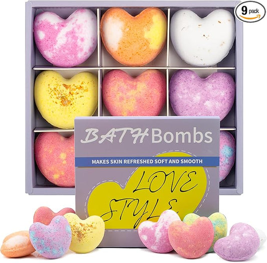 Heart-Shaped Bath Bomb Set – 9 Colorful Fizzies with Essential Oils, Spa & Stress Relief Gifts for Her & Him, Ideal for Birthday, Mother’s Day, Valentine’s Day & More
