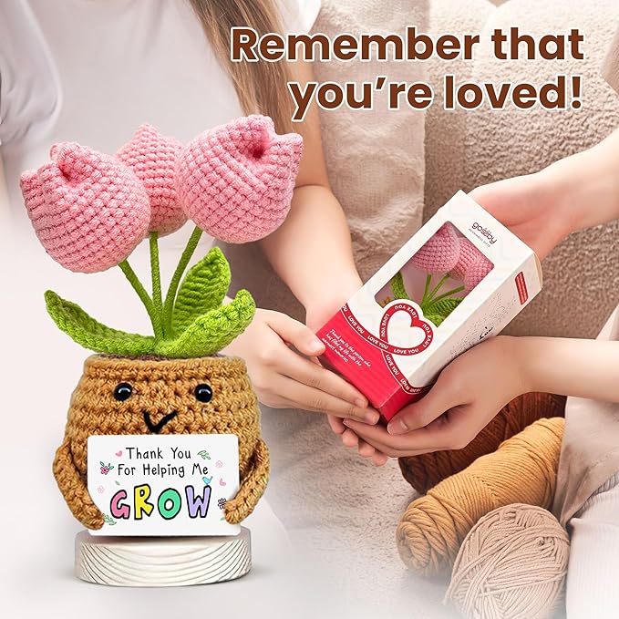 Gossby Handmade Positive Tulip Flower Crochet - Thank You for Helping Me Grow - Teacher Appreciation Gift - Thank You, Birthday, Graduation, Last Day of School Gift for Teacher from Student