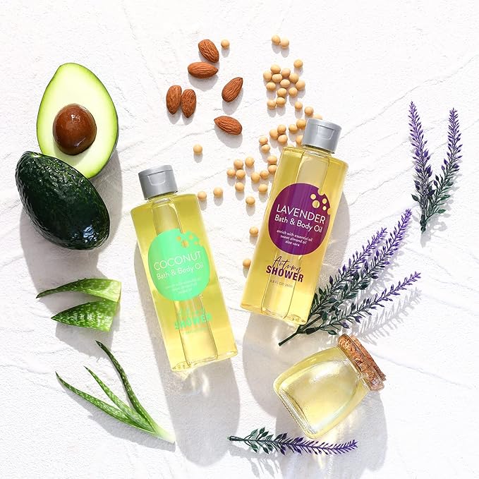 Bath and Body Oil Body Oil with Sweet Almond Jojoba and Shea Butter, Lavender & Coconut Shower Oils Mother's Day Gift for Women Dry Skin 17.6 fl oz (Pack of 2)