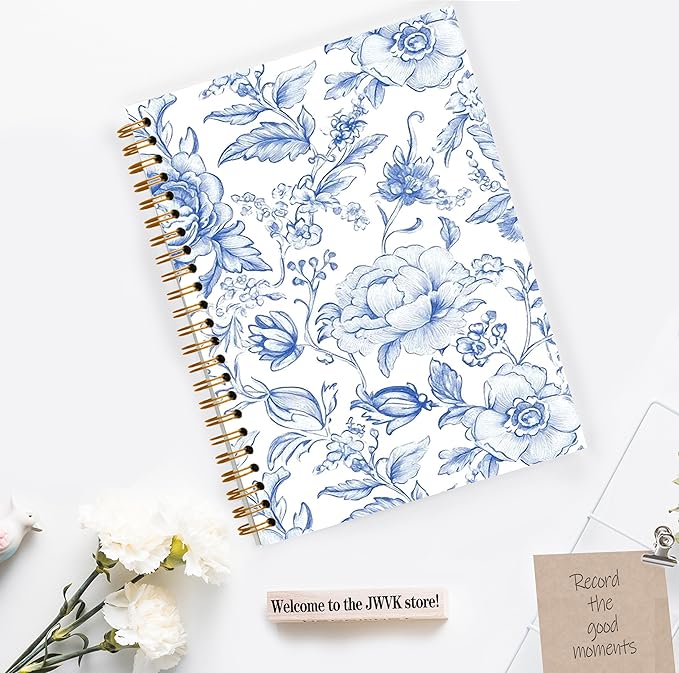 Blue and White Chinoiserie Floral Spiral Notebook, Grandmillennial Flower Notebooks for Note Taking, Vintage Blue Floral Journal Journaling, 5.5x8.3 Inch