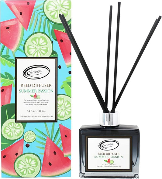 Air Jungles Summer Passion Fragrances Reed Diffuser Set with Sticks, Watermelon and Lime Scent Incense Oil, Air Freshener for Home, Office, Gym, and Room Diffuser, 3.4 fl. oz