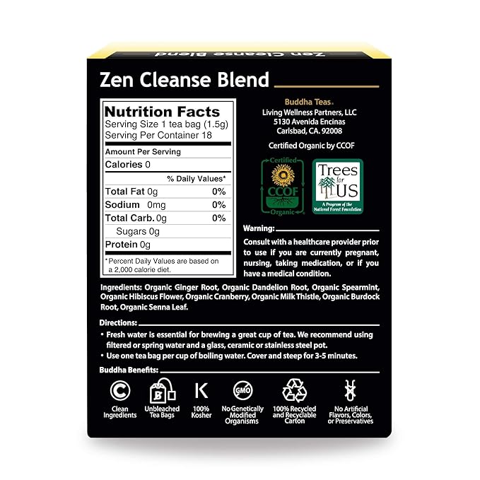 Buddha Teas Organic Zen Cleanse Blend - OU Kosher, USDA Organic, CCOF, 18 Bleach-Free Tea Bag