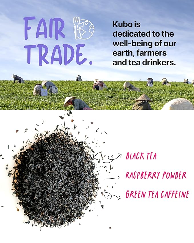 Kubo Tea Organic High Energy Iced Tea - High Caffeine Raspberry Blend - Healthy Coffee Substitute w/ 20 Servings (155mg Caffeine each) - Great for Hot & Cold Brew, Pillow Bags, Compostable Packaging