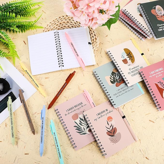 Kosiz 48 Pcs/24 Set Positive Affirmation Gifts Gratitude Spiral Notebooks with Pens Motivational Encouragement Notepads Daily Affirmations Journal for Women (Plant)