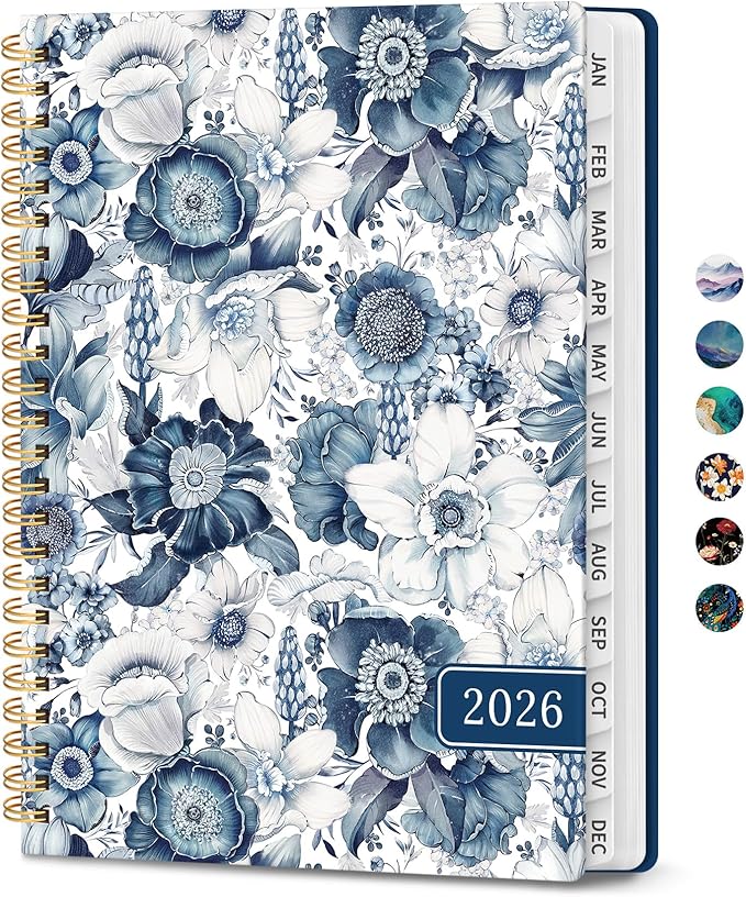 2026 Planner, Monthly and Weekly Calendar Planner for Women, January 2026 - December 2026, Hardcover Pretty 2026 Agenda Planner Book with Tabs, Spiral Bound, Perfect for School Office Home Supplies, 8.5" x 11" - Blue Floral