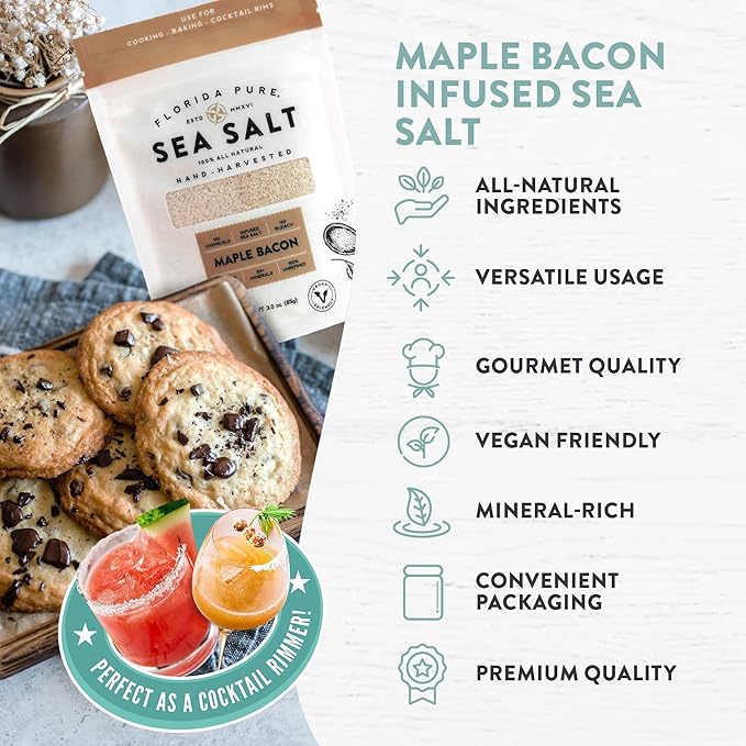 FLORIDA PURE Maple Bacon Sea Salt - Smoky, 80+ Mineral Salt, Natural, Unrefined, Non Iodized - for Baking, Cooking, Seasoning & Enhancing Taste - Flaky Sea Salt (3 oz. Pouch)