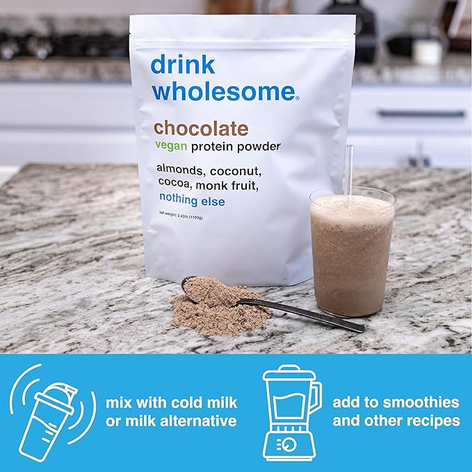 drink wholesome Vegan Chocolate Almond Protein Powder | for Sensitive Stomachs | Additive & Dairy Free | No Artificial Sweeteners | No Bloating, Farts or Gas | No Constipation or Diarrhea