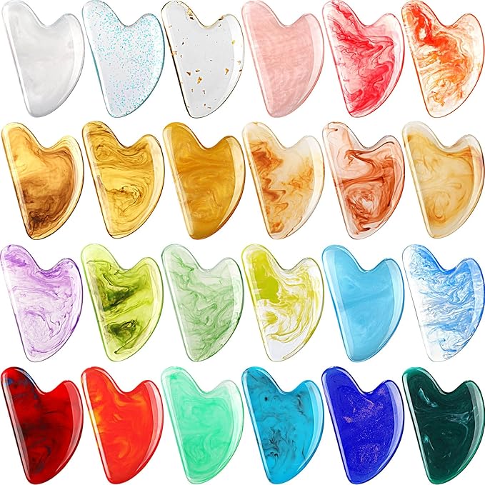 Sherr 24 Pcs Gua Sha Facial Tool Resin Gua Sha Massage Tool Heart Shaped Gua Sha Stone Guasha Board for Face Body Skin Massage Spa Acupuncture Prevent Wrinkles (Mixed Colors)