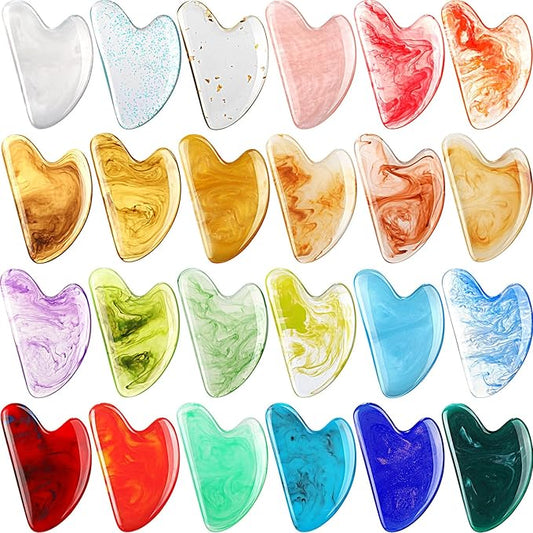 Sherr 24 Pcs Gua Sha Facial Tool Resin Gua Sha Massage Tool Heart Shaped Gua Sha Stone Guasha Board for Face Body Skin Massage Spa Acupuncture Prevent Wrinkles (Mixed Colors)