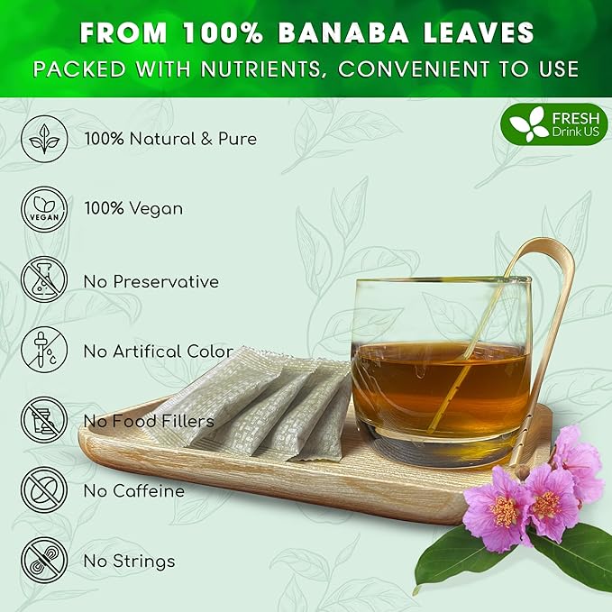FreshDrinkUS, Premium 40 Banaba Tea Bags, 100% Natural & Pure from Banaba Leaves. Loose Leaf Banaba Herbal Tea. No Sugar, No Caffeine, No Gluten, Vegan.