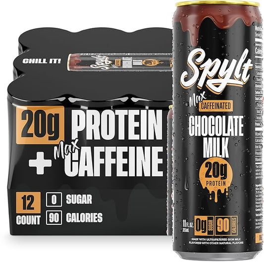 Spylt High Protein Max Chocolate Milk with 140mg Caffeine & 20g Protein - 90 Calories, Ready to Drink, Sugar Free, Lactose Free Milk, Perfect for Workout Recovery & Afternoon Pick Me Up - 12 Count