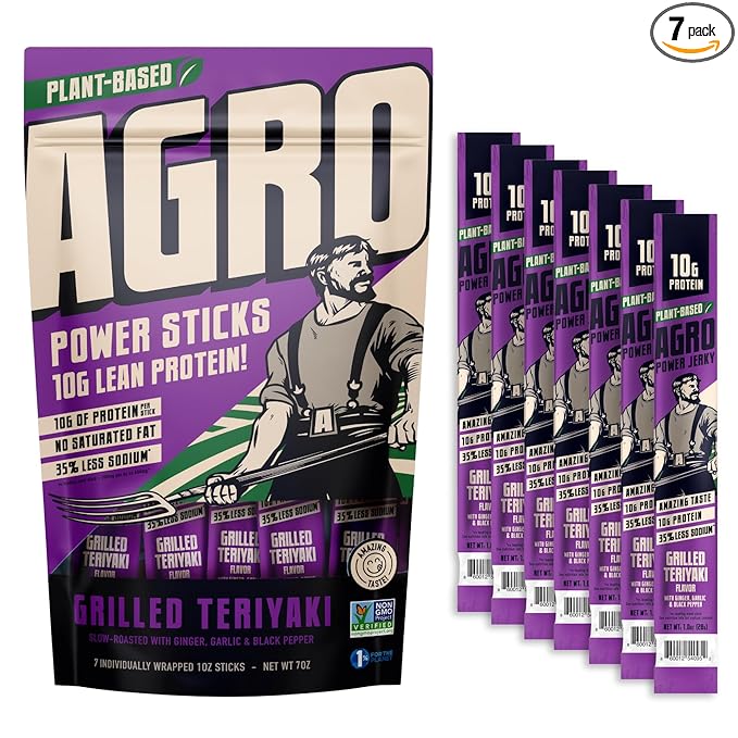 AGRO POWER Vegan Jerky Sticks, Teriyaki Flavor Plant-Based, 7 Stick Bag with 10g Protein, Non-GMO, 40% Less Sodium, Zero Cholesterol, Meat Alternative, High Protein Snack for Lunch, On-the-Go Fuel