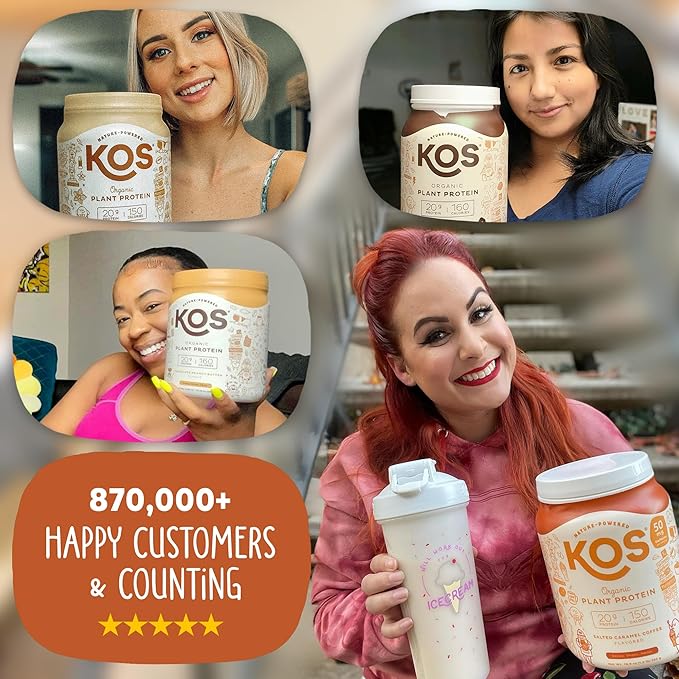 KOS Organic Vegan Protein Powder with 50mg Caffeine, Salted Caramel Coffee - Pea Protein Blend, Plant Based Superfood Rich in Vitamins & Minerals - Meal Replacement for Women & Men, 28 Servings