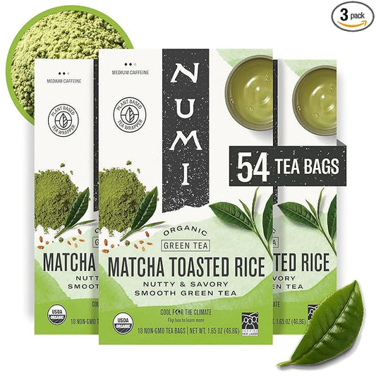 Numi Organic Matcha Toasted Rice Tea, 54 Matcha Tea Bags, Flavorful Green Tea, Microplastic Free Tea Bags