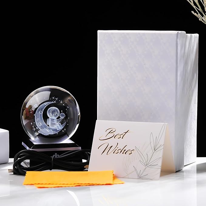 3d Astronaut Figurine Statue Crystal Ball 80mm 3.15inch - Space Astronomy Gifts Solar System Model Decor Crystal Sphere Unique Gifts For Men Him Birthday Dad Physics Science Teacher Night Light Lamp