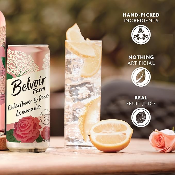 Belvoir Farm Elderflower & Rose Sparkling Lemonade | Delicious On It's Own Or As A Mixer | Product of UK | 4 Cans, 8.4 fl oz (250mL)