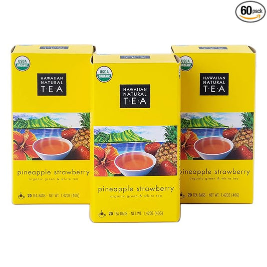 Hawaiian Natural Tea Pineapple Strawberry Flavored Organic Tea - Tropical Fruit Green Tea Blend with White Tea - Perfect Daily Cup & Gift for Tea Lovers - 60 Tea Bags