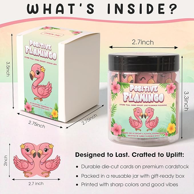 Positive Flamingo Jar – 60 Affirmation Cards for Anxiety & Self Care, Flamingo Gifts for Women, Teens & Sister, Friends, Cards to Reduce Anxiety & Increase Relaxation, White Elephant Gifts