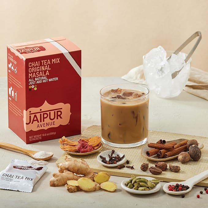 Jaipur Avenue Masala Chai Tea Mix Crafted with All-Natural Assam Black Tea, Masala, Cane Sugar, and Premium Dry Milk - Preservative-Free, Gluten-Free, Authentic Indian Chai Tea Latte (15 Servings)
