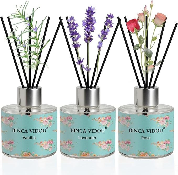 Binca Vidou Reed Diffuser Set of 3, Lavender, Rose, Vanilla Aromatherapy Oil Diffusers for Bedroom, Living Room, Office, Gift & Stress Relief, 50ml x 3