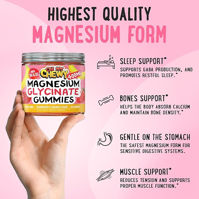 Center-Filled Magnesium Glycinate Gummies 400MG - High Absorption for Kids, Teens & Adults - Supplement for Sleep, Calm & Muscle Relaxation with B6 & D3 - Gluten Free & Vegan Friendly - 120 Count