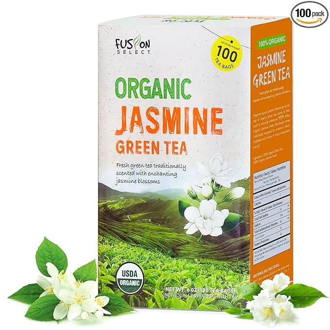 Fusion Organic Jasmine Green Tea - 100 Bags, Traditionally Scented, Refreshing Floral Fragrance - 6oz (170g)