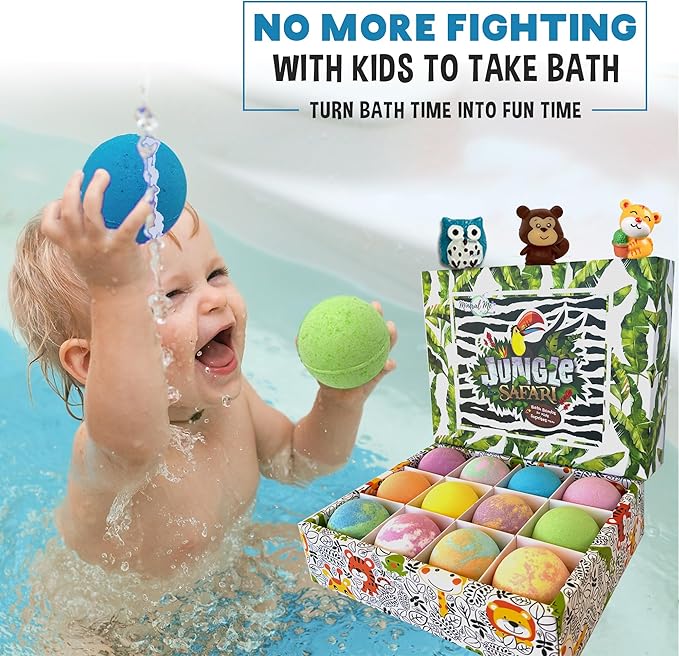 Bath Bombs for Kids with Surprise Inside, 12 Bubble Bath Fizzies with Jungle Animal Toys. Moisturizing, Gentle & Kids Safe, Rainbow Spa Bath Fizz, Birthday Gifts for Boys, Girls