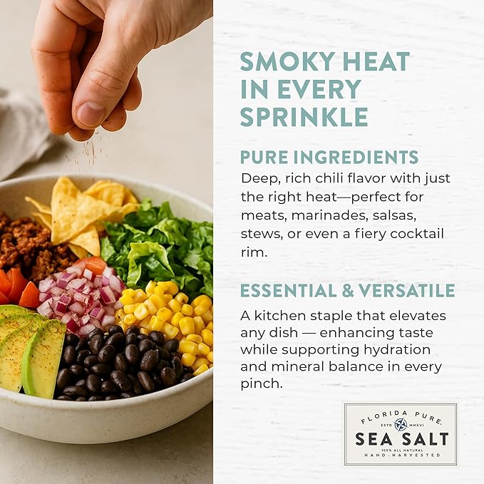 FLORIDA PURE Chipotle Pepper Sea Salt - Smoky, 80+ Mineral Salt, Natural, Unrefined, Non Iodized - for Baking, Cooking, Seasoning & Enhancing Taste - Flaky Sea Salt (4.5 oz Jar)