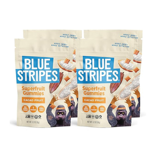 Blue Stripes Cacao Superfruit Gummies - Vegan Chewy Fruity Snack, No Sugar Added 100% Fruit Gummy, 9 Essential Vitamins & Minerals, Natural Tropical Superfood, Use on Granola, Yogurt - 3.2 oz (4 Pack)