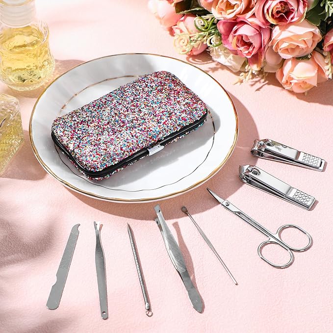Geosar 12 Set 8 in 1 Manicure Set Stainless Steel Nail Clippers Kit Pedicure Care Tools with Leather Case Travel Grooming Kit Gift for Women Men(Glitter Candy Color)