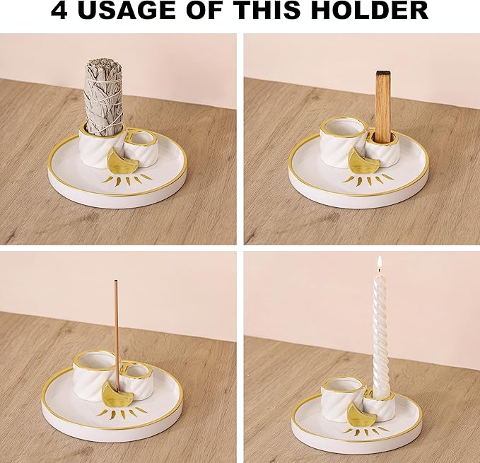 Ceramic Incense Holder Burner, Sage Holder for Burning, Palo Santo Sticks Holder, 5.51" Ash Catch Tray, Smudge Dish for Meditation Yoga, Modern Home Decor Gift