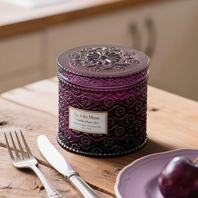 LA JOLIE MUSE Vanilla Plum Sky Candle - Coconut, Vanilla, Plum | 12 oz Large 2-Wick Soy Wax Candle | 60 Hours Clean Burn | Gift-Ready for Hosts & Gatherings | Elegant Home Decor