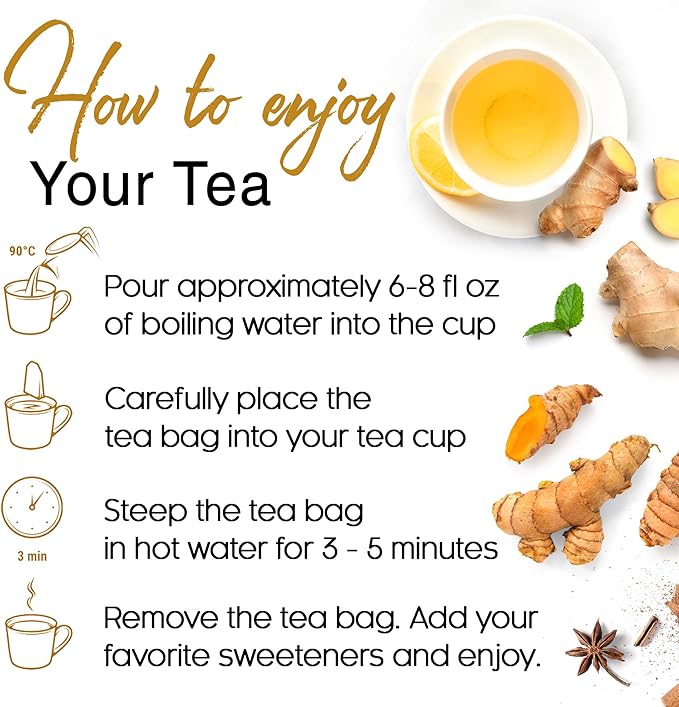 50 Bags Premium Turmeric Ginger Cinnamon Tea with Upgraded Chamomile, Extra Strength 2.2g/Bag, 100% Natural, Caffeine-Free, Vegan, Eco-Friendly, Supports Digestion, Relaxation