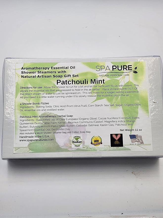 Spa Pure Aromatherapy Gift Set: Patchouli Mint Artisan soap, Shower Steamers, made with plant based ingredients, Cotton Soap & Steamer bag (Patchouli Mint)