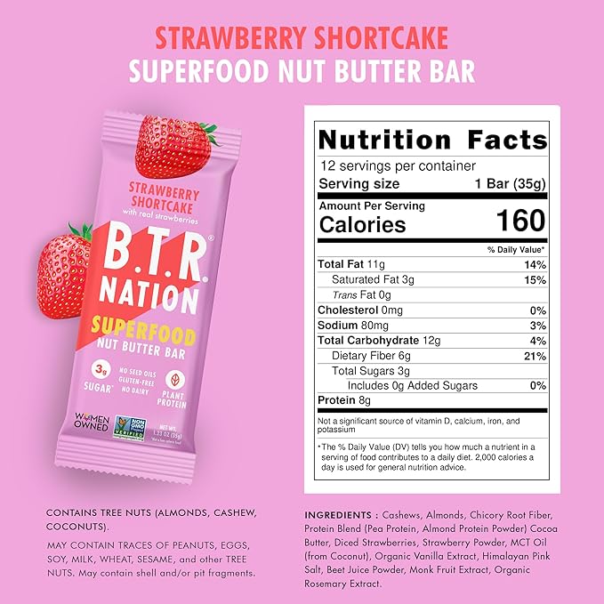 B.T.R. Nation Vegan Superfood Protein Bars - Strawberry Shortcake VITALITY | 12 Bars | Keto, Plant Based, and Gluten Free Low Carb, Sugar Alcohol Free, & Boosted with Powerful Superfood!
